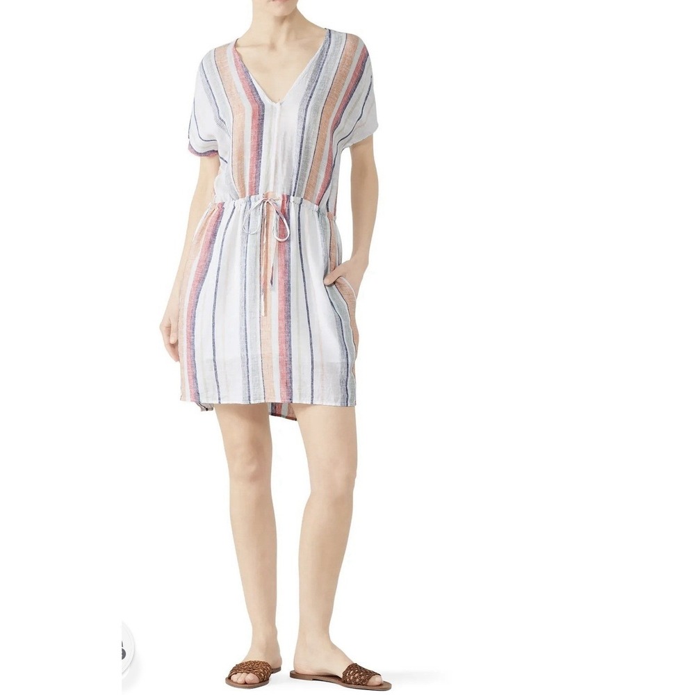 Rails Wren Linen Blend Dress Marrakesh Stripe V-Neck Drawstring Large